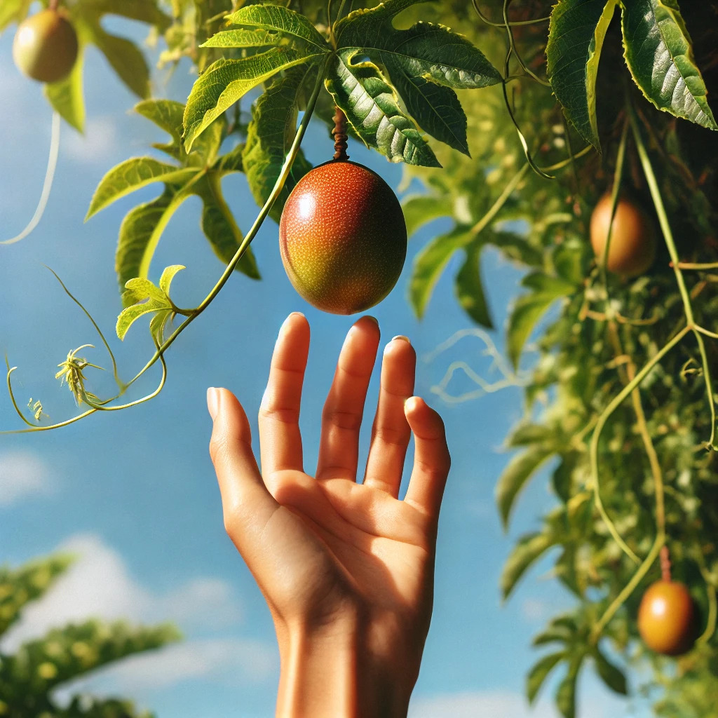 A hand reaching toward a ripe passionfruit on the vine